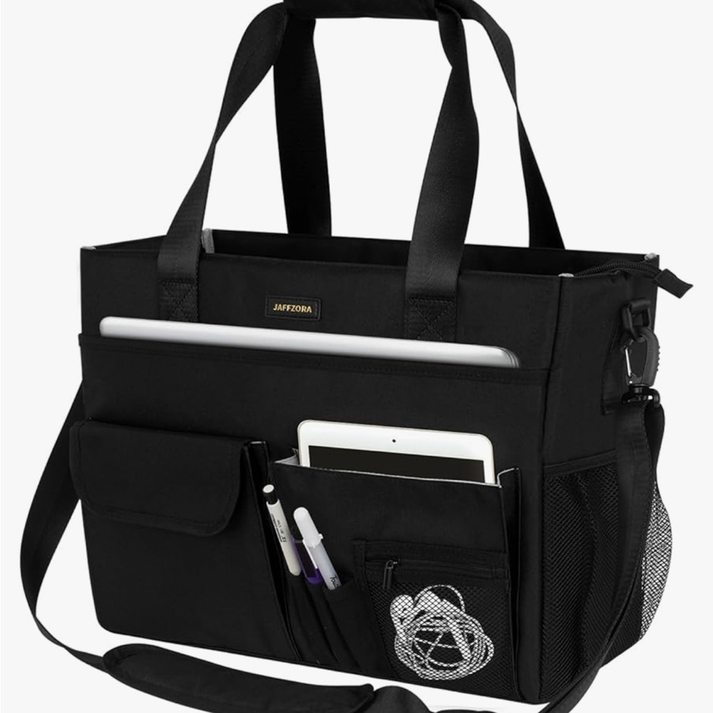 Black Tote Bag With Laptop Compartment, Large Utility Tote With 15 Pockets, Work